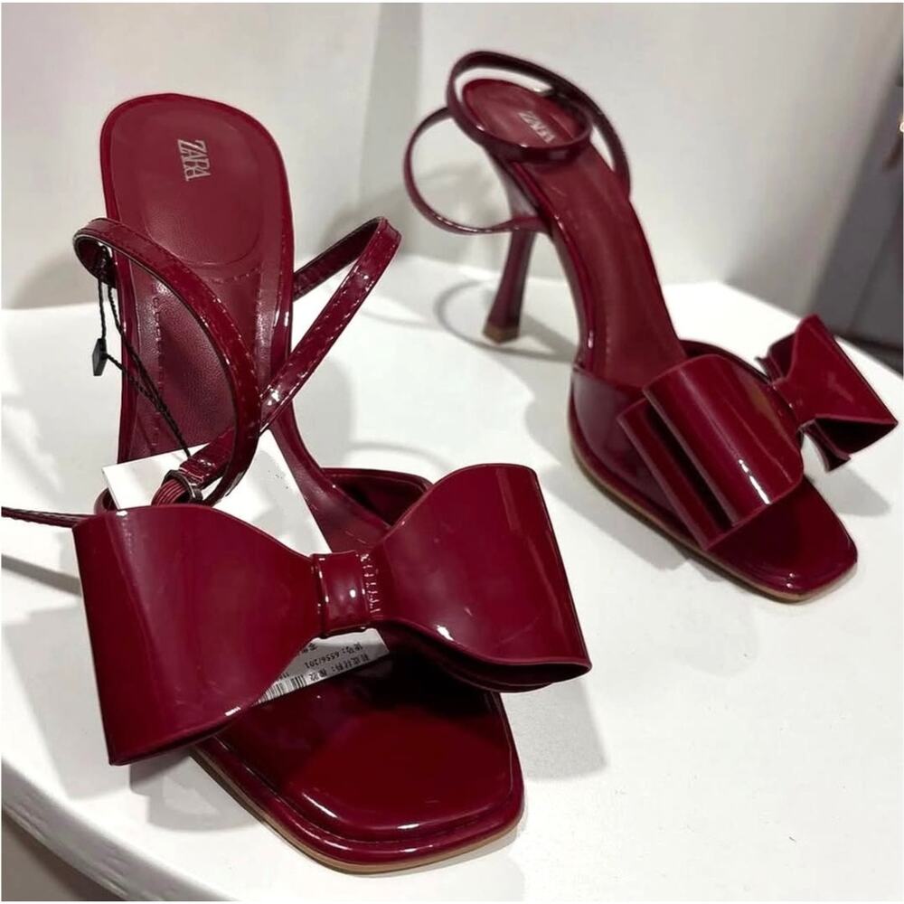 Zara NWT Red Patent Bow Strappy High Heel Sandals Size 8 - Picture 10 of 16